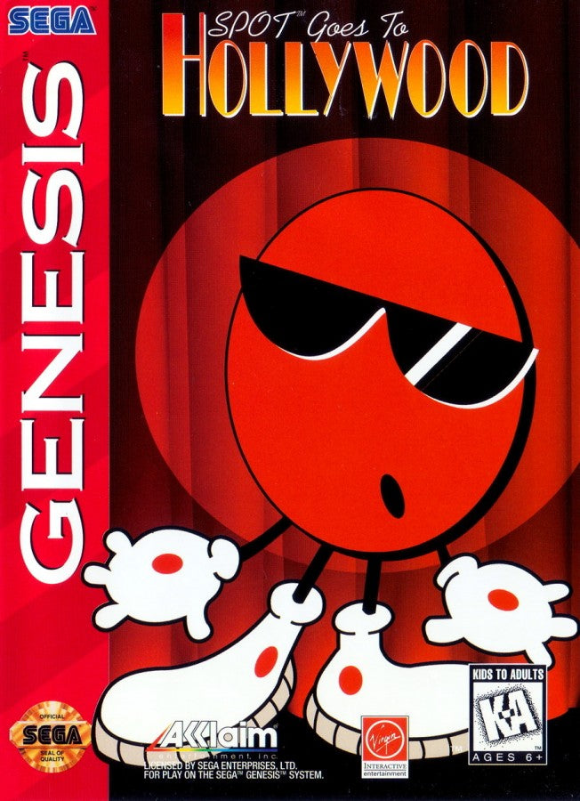 Spot Goes to Hollywood Sega Genesis GEN for retro video game enthusiasts featuring isometric action adventure gameplay colorful movie themed levels puzzle solving platforming challenges quirky mascot action cooperative fun and collectible gaming appeal front cover