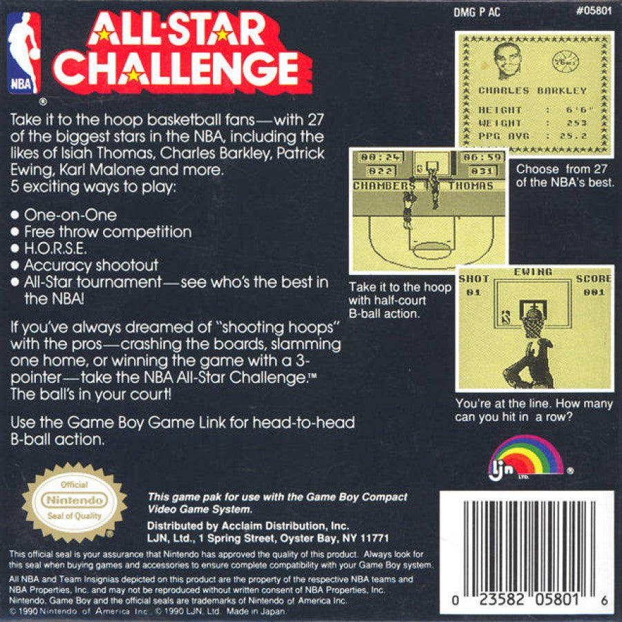 NBA All-Star Challenge back cover art for Game Boy (GB) video game