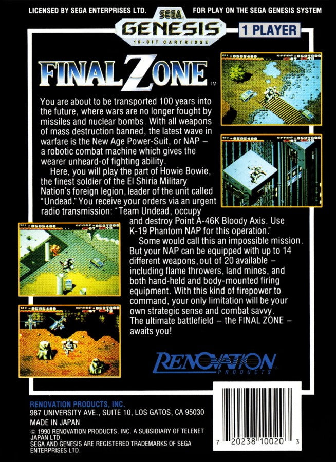 Final Zone Sega Genesis GEN video game featuring action shooter gameplay futuristic combat mech battles enemy attacks weapon upgrades challenging missions strategic movement and classic 16 bit Sega gameplay retro video game collection collectible gaming appeal back cover art