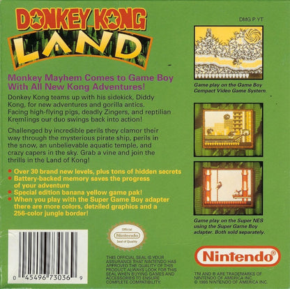 Donkey Kong Land back cover art for Game Boy (GB) video game