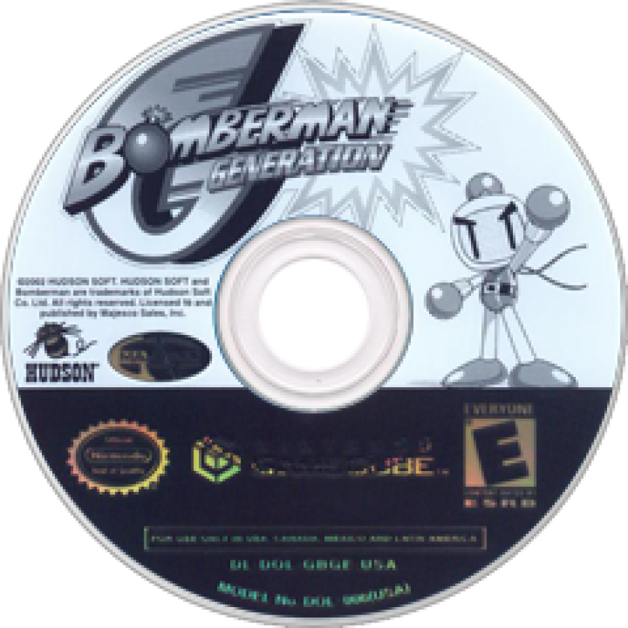 Disc cover art for Bomberman Generation GameCube game featuring classic bomb-based action gameplay and colorful 3D platforming adventure