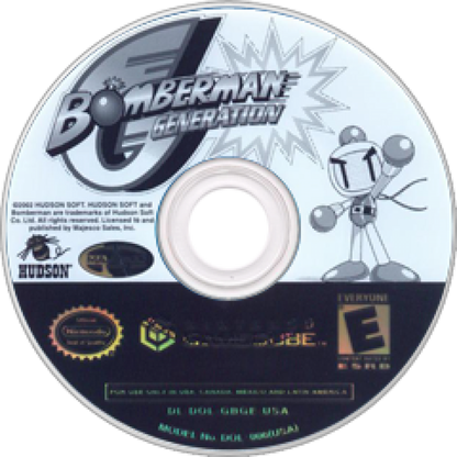 Disc cover art for Bomberman Generation GameCube game featuring classic bomb-based action gameplay and colorful 3D platforming adventure