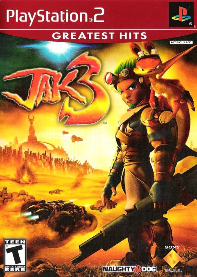 Jak 3 Greatest Hits PS2 Sony PlayStation 2 action platformer Naughty Dog open world adventure gun combat vehicle driving eco powers Jak and Daxter series story driven gameplay desert wasteland retro gaming PlayStation 2 software video game title cover art