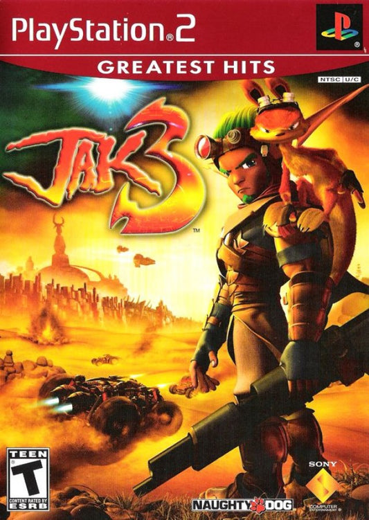Jak 3 Greatest Hits PS2 Sony PlayStation 2 action platformer Naughty Dog open world adventure gun combat vehicle driving eco powers Jak and Daxter series story driven gameplay desert wasteland retro gaming PlayStation 2 software video game title cover art