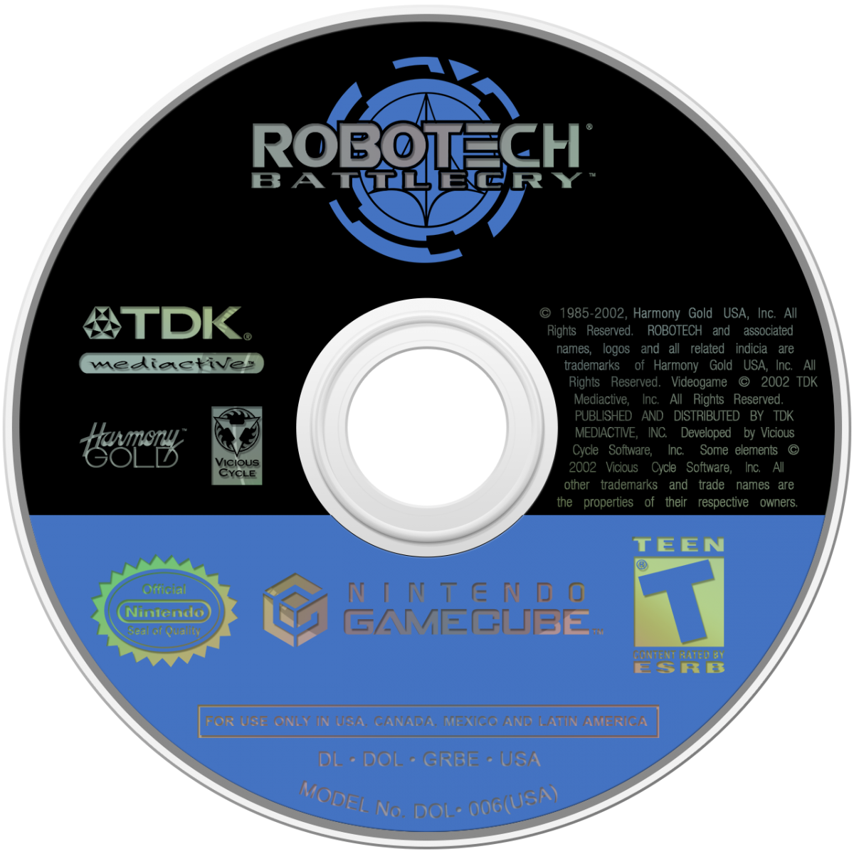 Robotech Battlecry disc art for
GameCube game featuring aerial mech combat action inspired by the classic anime series 