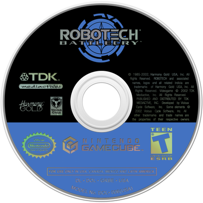 Robotech Battlecry disc art for
GameCube game featuring aerial mech combat action inspired by the classic anime series 