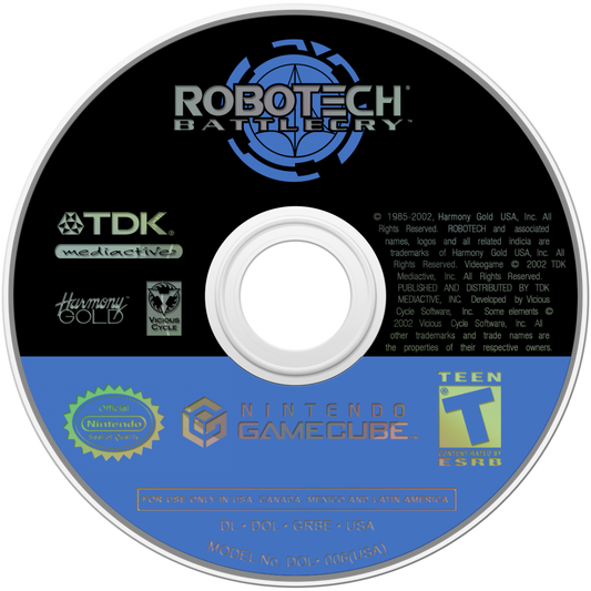 Robotech Battlecry disc art for
GameCube game featuring aerial mech combat action inspired by the classic anime series 