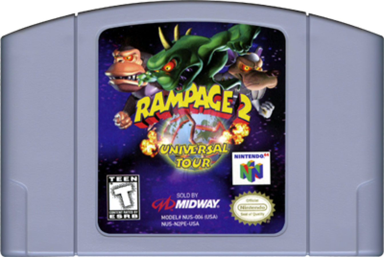 Rampage 2 Universal Tour cartridge for the Nintendo 64 featuring arcade style destruction gameplay with giant monsters smashing cities battling enemies and multiplayer chaos across global locations cartridge