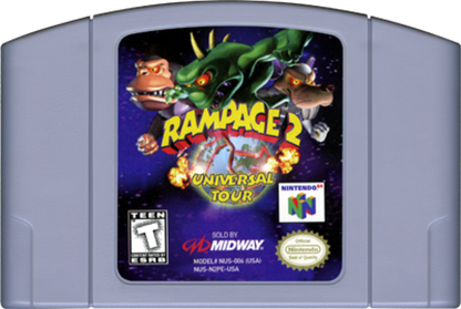 Rampage 2 Universal Tour cartridge for the Nintendo 64 featuring arcade style destruction gameplay with giant monsters smashing cities battling enemies and multiplayer chaos across global locations cartridge