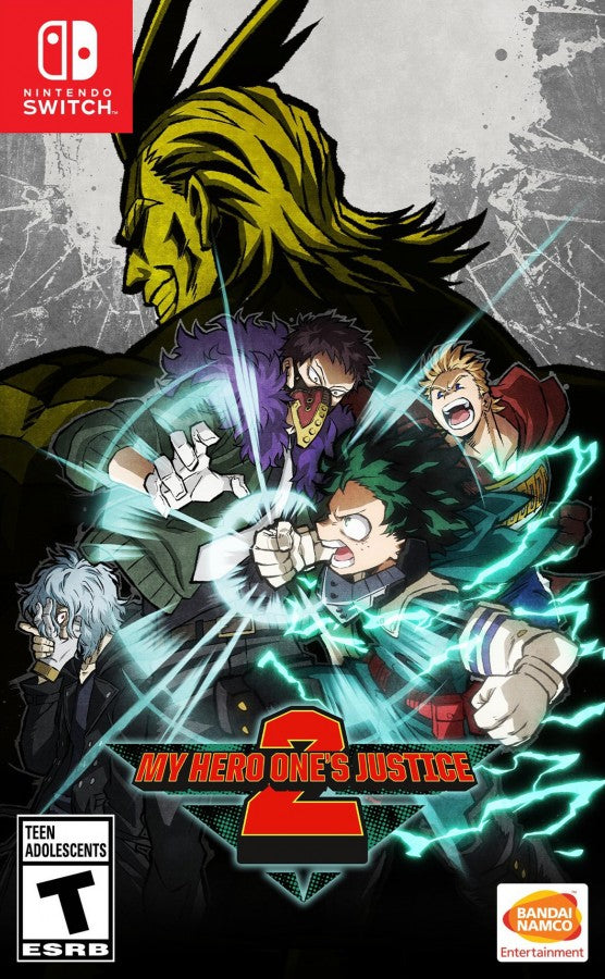 My Hero One's Justice 2 Nintendo Switch inspired design featuring anime arena fighting game aesthetic superhero battles powerful quirks explosive combat iconic My Hero Academia characters cel shaded visuals fast paced action gameplay manga inspired presentation front cover 