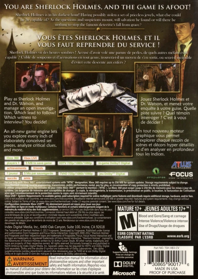 The Testament of Sherlock Holmes back cover art for PlayStation 3 (PS3) video game