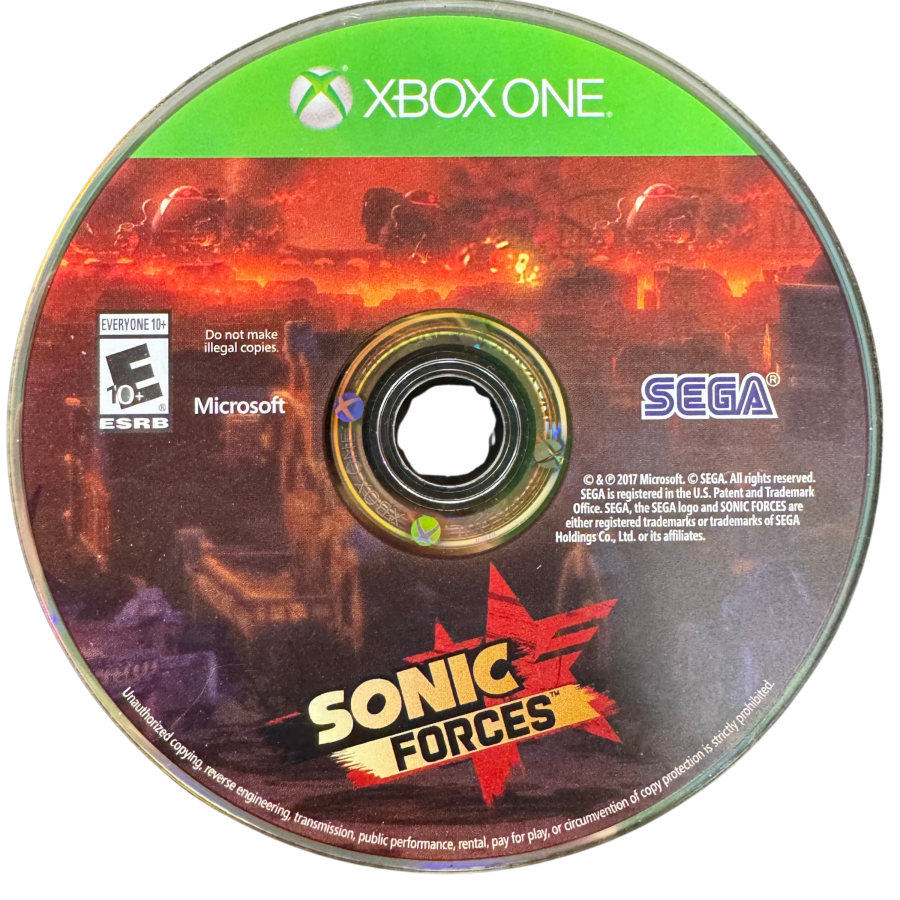 Sonic Forces Xbox One XONE video game featuring fast paced action platforming gameplay Sonic the Hedgehog character adventure Dr Eggman villain battles Infinite enemy encounters high speed running classic Sonic stages modern Sonic gameplay custom hero creation Wispon weapons colorful environments and challenging platform levels retro video game collection collectible gaming appeal disc