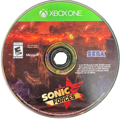 Sonic Forces Xbox One XONE video game featuring fast paced action platforming gameplay Sonic the Hedgehog character adventure Dr Eggman villain battles Infinite enemy encounters high speed running classic Sonic stages modern Sonic gameplay custom hero creation Wispon weapons colorful environments and challenging platform levels retro video game collection collectible gaming appeal disc