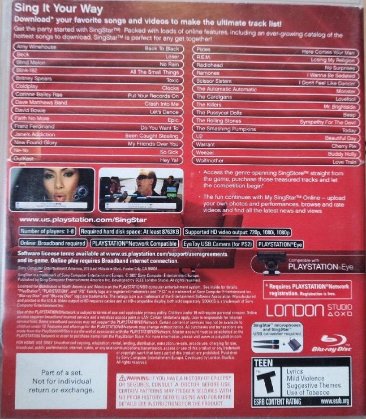 SingStar PlayStation 3 karaoke video game singing competition USB microphone support song library music videos pitch scoring music video recording back cover