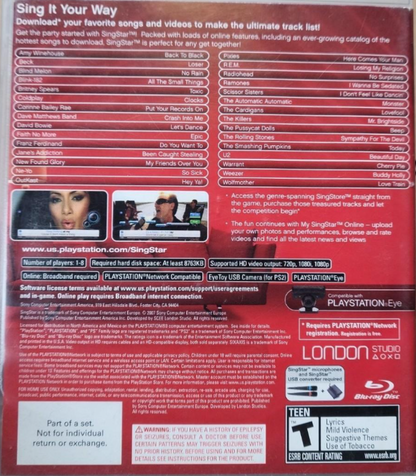 SingStar PlayStation 3 karaoke video game singing competition USB microphone support song library music videos pitch scoring music video recording back cover