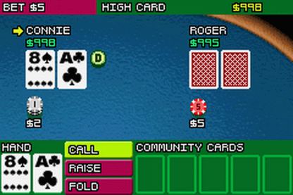 Texas Hold ’Em Poker Game Boy Advance GBA video game, card game simulation, casino-style gameplay, handheld console title gameplay