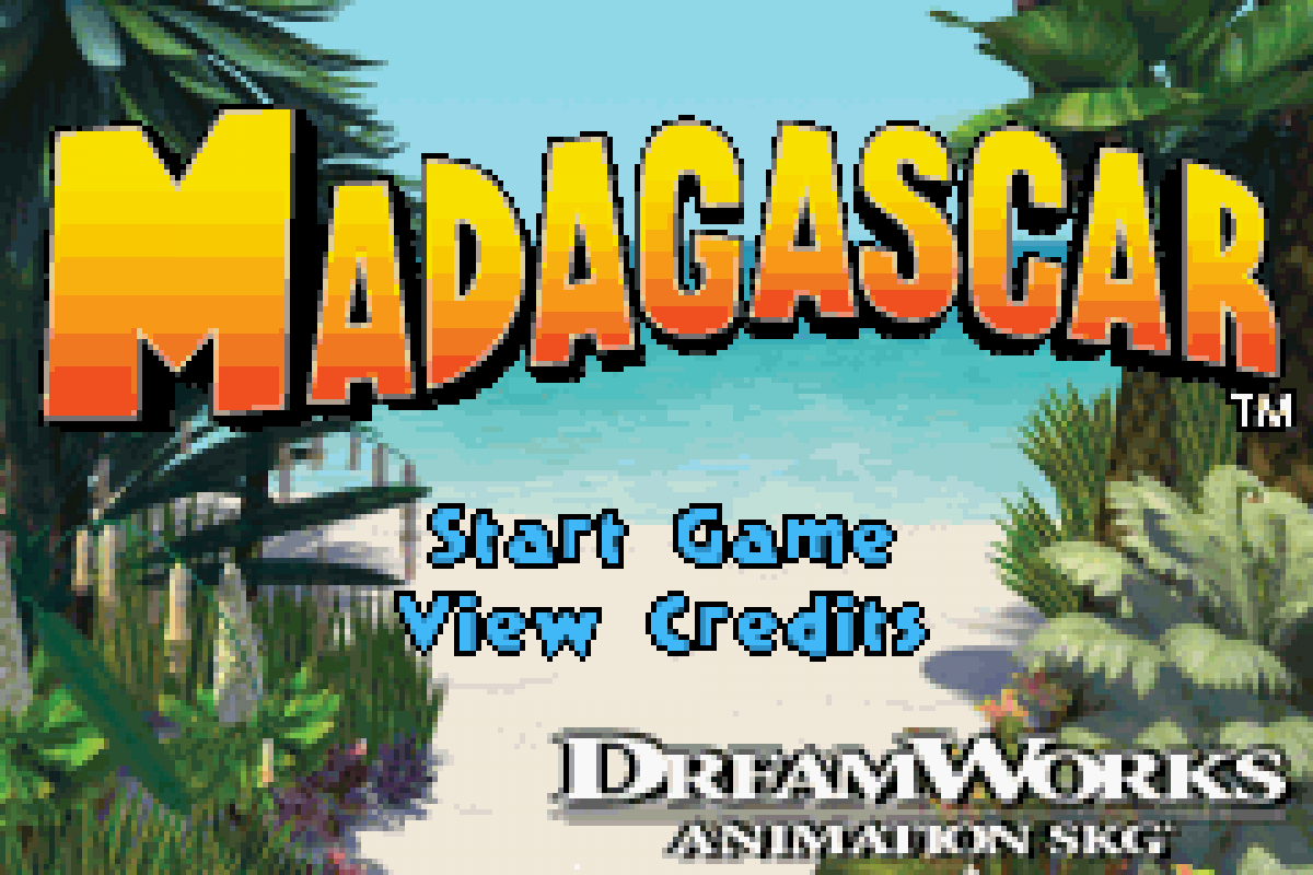Madagascar Game Boy Advance GBA video game, action adventure platformer, animated movie tie-in, family-friendly handheld console titlescreen