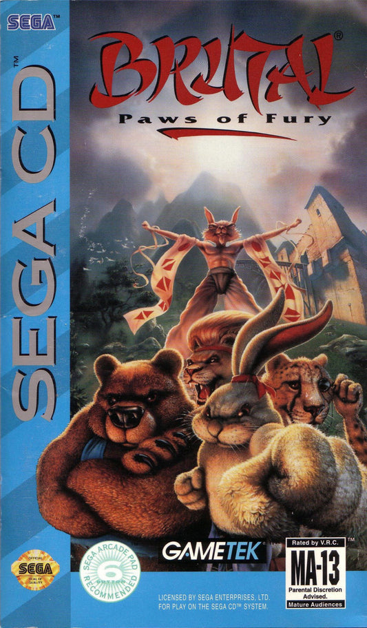 Brutal Paws of Fury Sega CD fighting game anthropomorphic animal martial artists one on one arcade combat cartoon style characters combo attacks versus multiplayer GameTek retro gaming Sega CD software video game title cover art