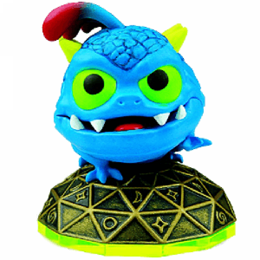 Wrecking Ball Skylander figure inspired design featuring collectible fantasy creature character aesthetic blue dragon mascot long tongue ability whimsical monster design colorful action adventure gaming collectible presentation