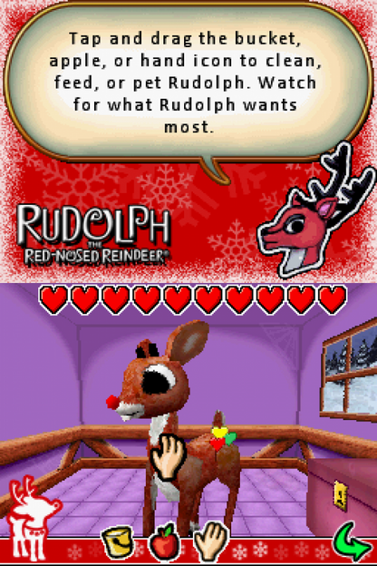 Rudolph the Red Nosed Reindeer Nintendo DS holiday family game Christmas adventure mini games story based gameplay kids friendly platformer festive winter themed casual gameplay touch screen stylus controls Nintendo DS software video game title gameplay 