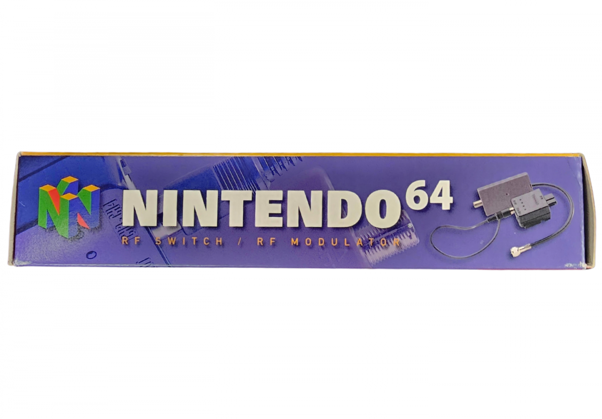 RF Switch CIB Nintendo 64 N64 accessory featuring television connection support for Nintendo 64 console RF switch hardware classic gaming setup compatible Nintendo 64 systems complete in box retro video game accessory N64 collection collectible gaming hardware appeal top of box