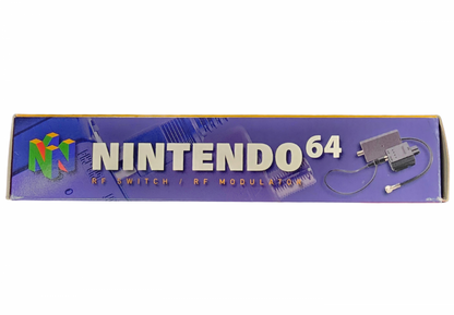 RF Switch CIB Nintendo 64 N64 accessory featuring television connection support for Nintendo 64 console RF switch hardware classic gaming setup compatible Nintendo 64 systems complete in box retro video game accessory N64 collection collectible gaming hardware appeal top of box