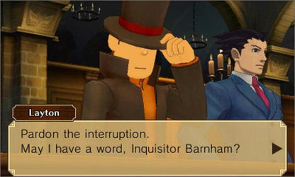 Professor Layton vs Phoenix Wright Ace Attorney Nintendo 3DS video game, puzzle adventure meets courtroom drama, crossover title, handheld console release gameplay
