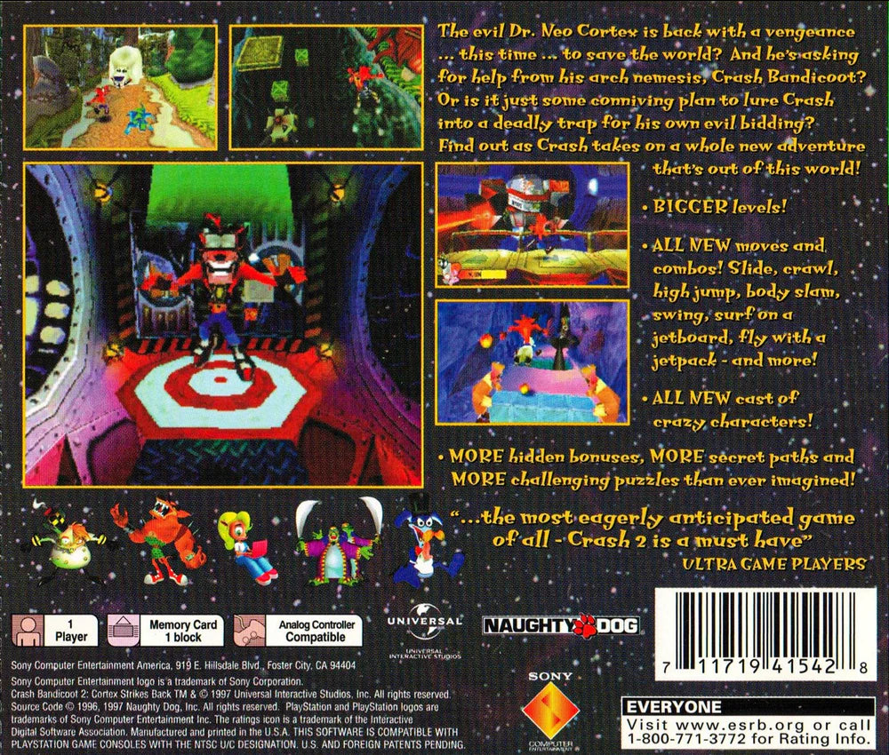Back of case for Crash Bandicoot 2: Cortex Strikes Back [Greatest Hits] – PlayStation 1 (PS1) retro video game