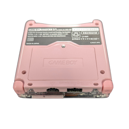 Game Boy Advance SP GBA SP handheld console custom pink shell replacement clamshell design backlit screen rechargeable battery Nintendo portable retro gaming back bottom