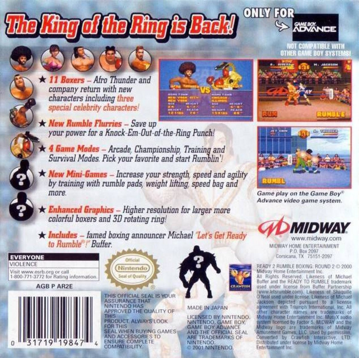 Ready 2 Rumble Boxing Round 2 for Game Boy Advance (GBA), back of case for a retro video game featuring arcade-style boxing gameplay, fast-paced combat, character-based fighters, tournament challenges, and over-the-top sports action