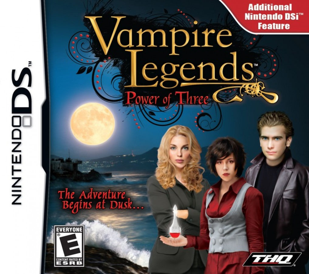 Vampire Legends The Power of Three game for the Nintendo DS featuring hidden object puzzle adventure gameplay with supernatural mystery storytelling point and click mechanics and atmospheric locations cover art