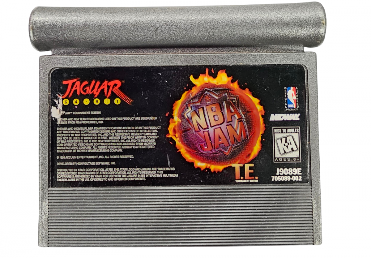 NBA Jam Tournament Edition Atari Jaguar for arcade basketball video game fans featuring high flying dunks two on two basketball action turbo boosts exaggerated gameplay classic NBA teams and players fast paced matches special moves and retro Atari Jaguar gaming collectible appeal front
