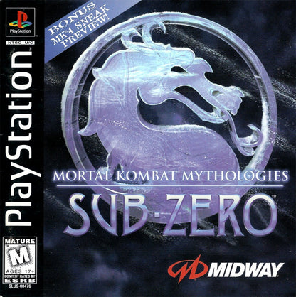 Mortal Kombat Mythologies: Sub-Zero PlayStation 1 PS1 for action adventure retro video game fans featuring martial arts combat side scrolling platforming Mortal Kombat characters ninja abilities challenging enemies dark fantasy environments collectible gaming appeal front cover art