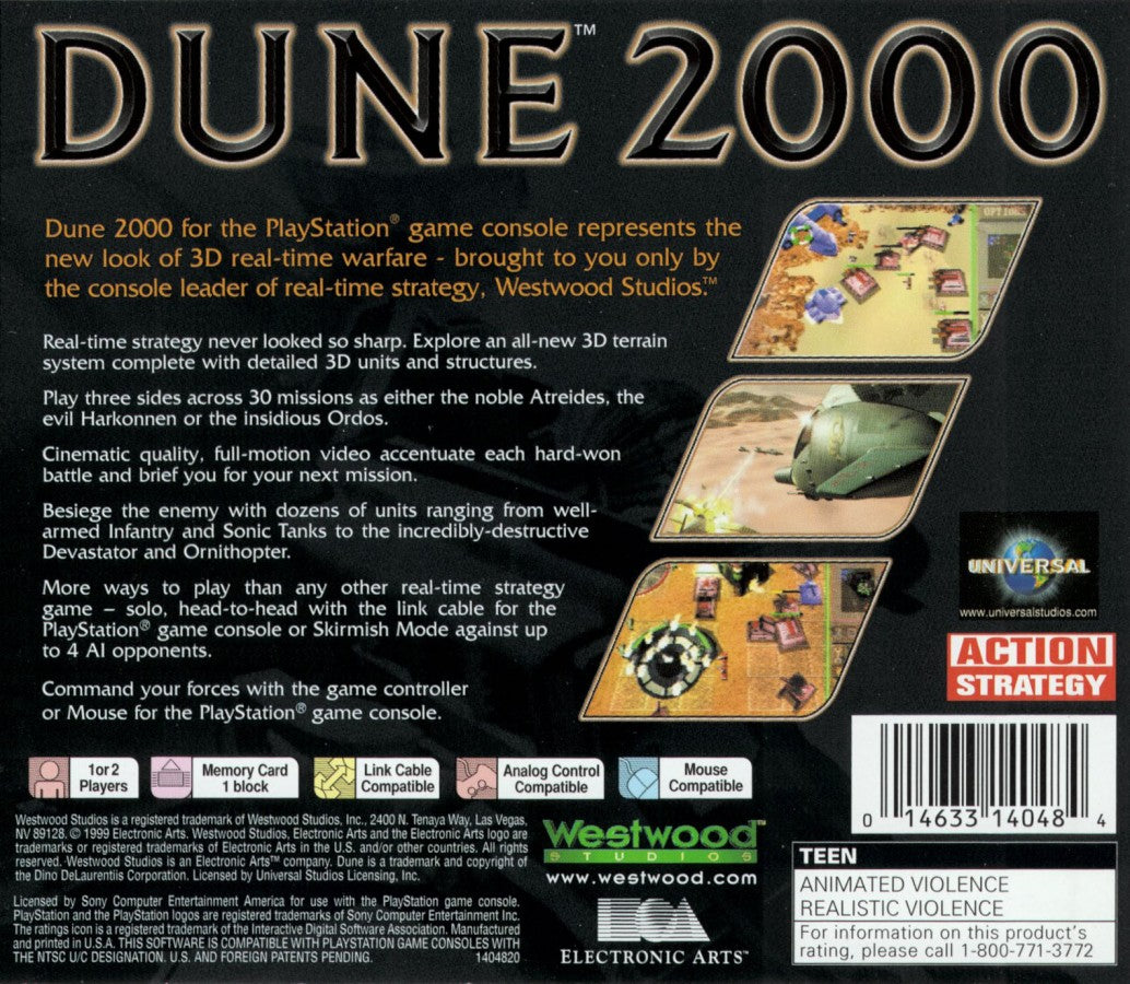 Dune 2000 PS1 PlayStation 1 real time strategy game base building resource management sci fi warfare desert planet combat retro video game back of case