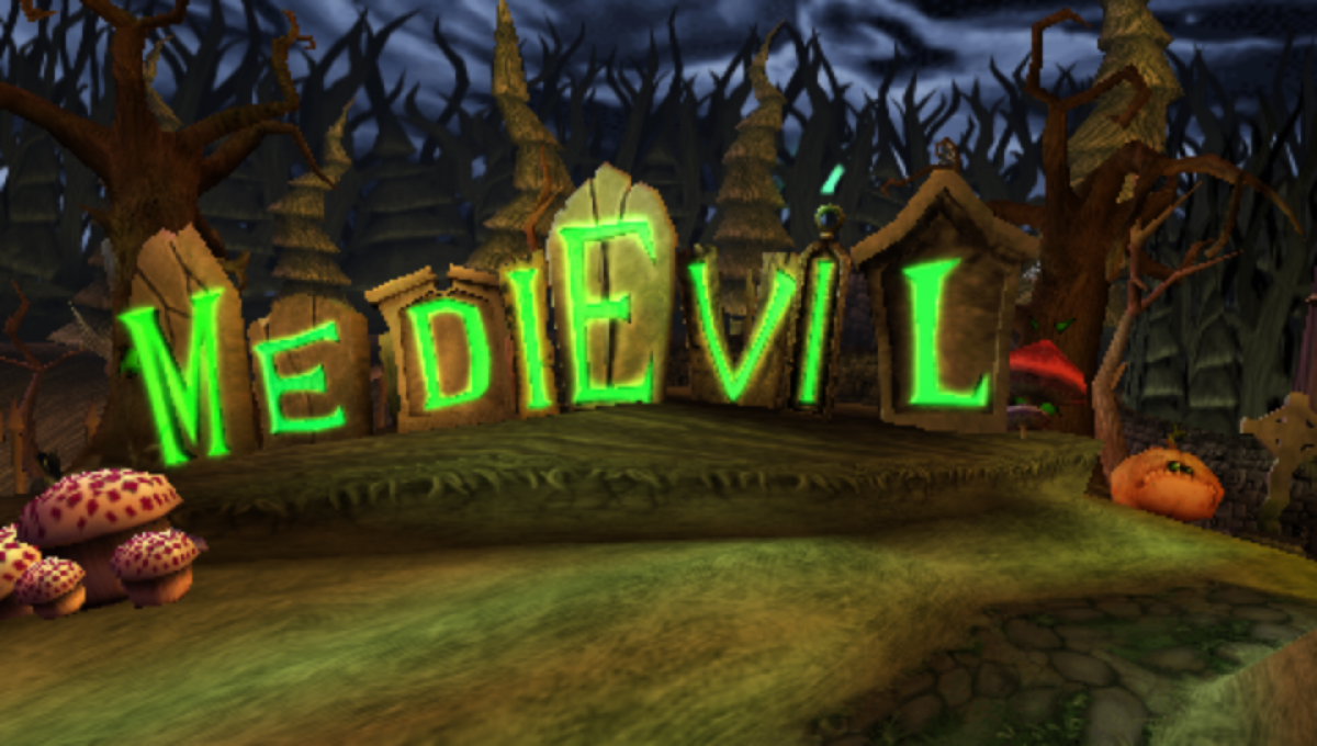 MediEvil Resurrection PlayStation Portable PSP inspired design featuring gothic action adventure aesthetic skeletal knight hero Sir Daniel Fortesque undead kingdom exploration hack and slash combat darkly humorous storytelling and spooky medieval fantasy presentation gameplay  
