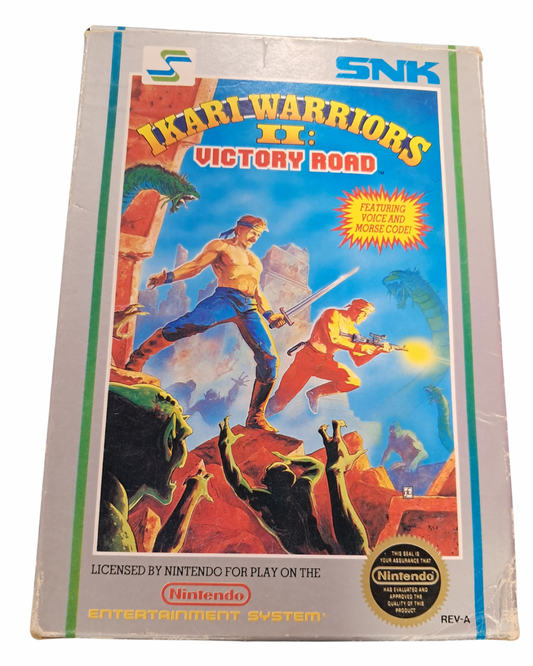 Ikari Warriors II Victory Road for Nintendo Entertainment System top down run and gun shooter featuring military combat enemy soldiers vehicles weapon upgrades and cooperative arcade style gameplay front cover 