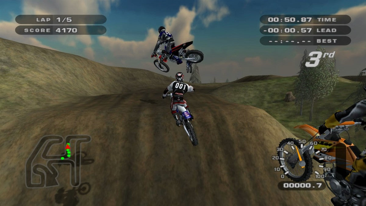 MX Unleashed Xbox off-road motocross racing video game Rainbow Studios THQ massive open environments freestyle tricks career mode nationals supercross events vehicle roster includes bikes ATVs monster trucks buggies golf carts stunt challenges track editor progressive difficulty realistic terrain physics dirt bike customization competitive AI multiple racing disciplines gameplay screenshot