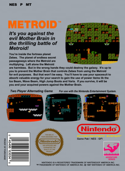 Metroid back of box for Nintendo Entertainment System (NES) retro video game