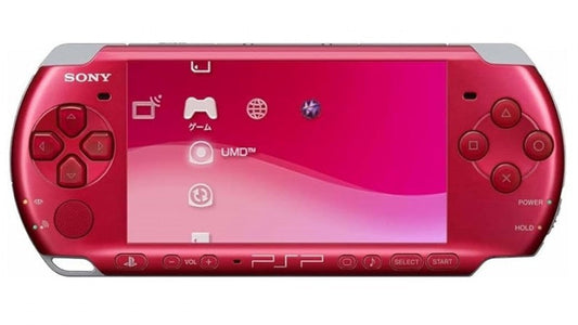 PlayStation Portable PSP 3000 Carnival Red JP import, handheld Sony gaming console, portable gaming system, Japanese region model front with Japanese language selected
