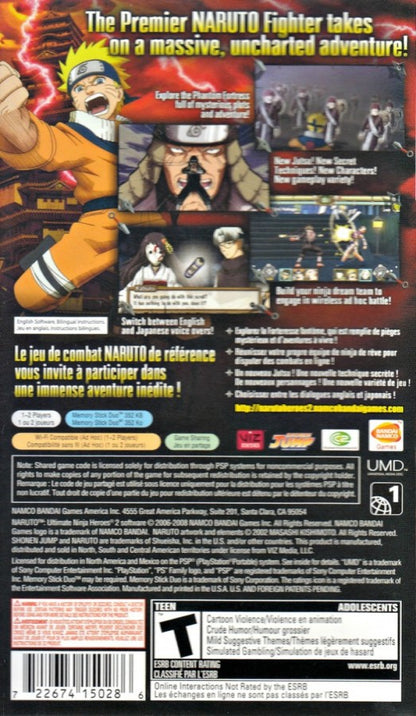 Naruto Ultimate Ninja Heroes 2 The Phantom Fortress PlayStation Portable PSP back of case for retro video game enthusiasts featuring anime fighting gameplay ninja combat mechanics character roster based battles team based action RPG elements story driven fortress adventure and portable handheld arcade style gaming experience and collectible gaming appeal
