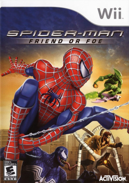 Retro Spider Man Friend or Foe Wii inspired design featuring comic book action adventure gameplay aesthetic superhero team battles colorful stylized villains cooperative beat em up combat Marvel universe nostalgia Nintendo Wii presentation cover art 