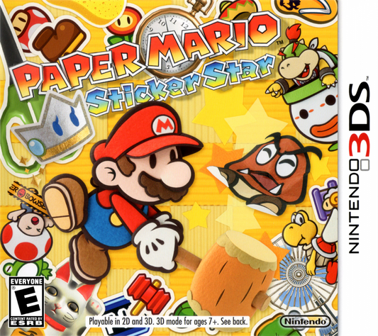 Paper Mario Sticker Star for Nintendo 3DS adventure role playing game featuring whimsical sticker based combat charming characters vibrant worlds and classic Mario franchise humor front cover