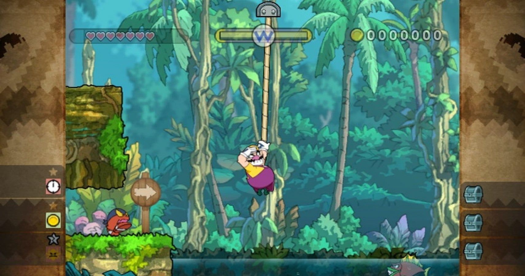Wario Land: Shake It gameplay for Nintendo Wii (Wii) featuring side‑scrolling platform action with hand‑drawn animation, treasure hunting, and motion‑controlled shaking mechanics.