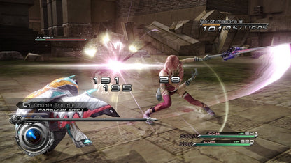 Retro Final Fantasy XIII 2 PS3 inspired design featuring futuristic JRPG fantasy aesthetic HD era time travel adventure Lightning and Serah sci fi worlds cinematic storytelling fast paced battle system nostalgic Square Enix role playing presentation gameplay