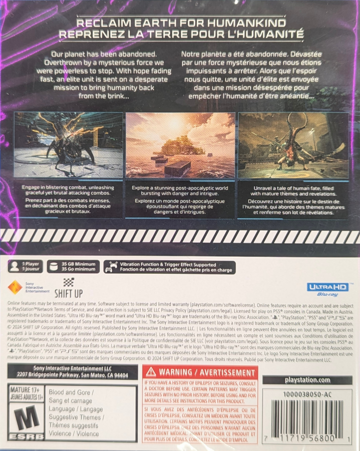 Stellar Blade PS5 game featuring fast-paced action combat, cinematic sci-fi storytelling, and visually stunning next-generation gameplay on PlayStation 5 back cover