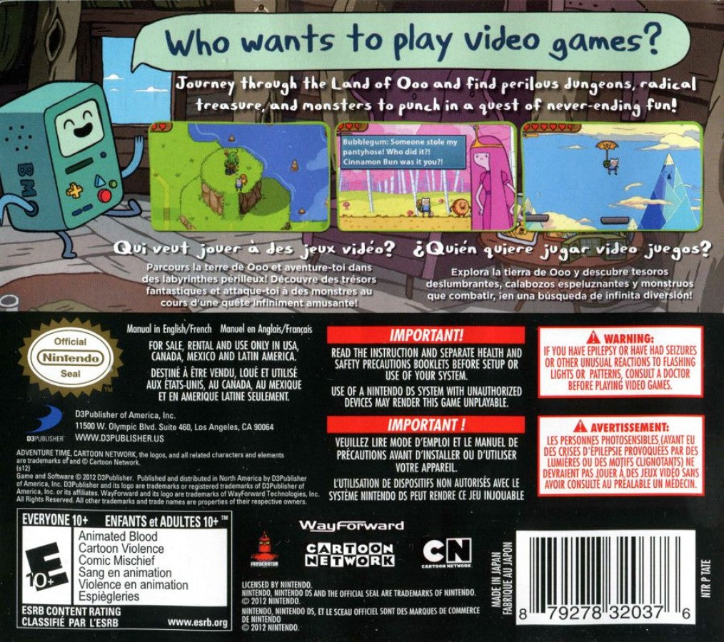 Adventure Time: Hey Ice King! Why Did You Steal Our Garbage?!! back of case for Nintendo 3DS (3DS) action adventure video game