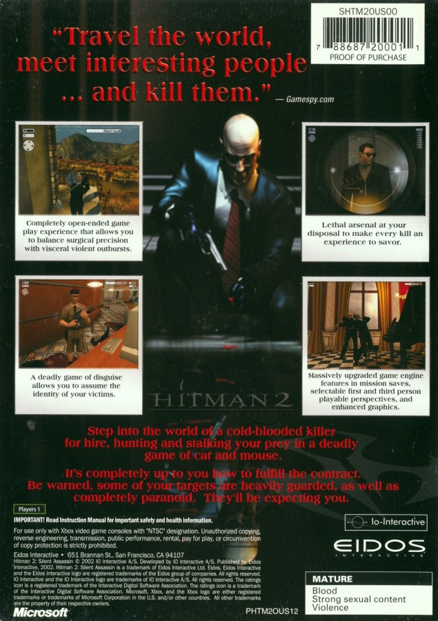Hitman 2 Silent Assassin stealth action video game featuring Agent 47 tactical assassination missions disguises open ended level design and classic IO Interactive hitman franchise gameplay experience back cover art