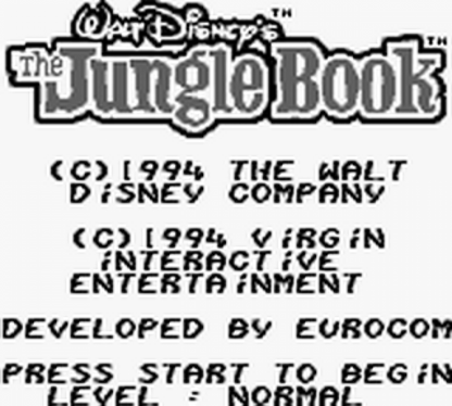 Disney The Jungle Book Game Boy handheld platformer action video game Mowgli Baloo King Louie Kaa Shere Khan jungle levels Capcom Disney license retro 8-bit classic main menu title screen