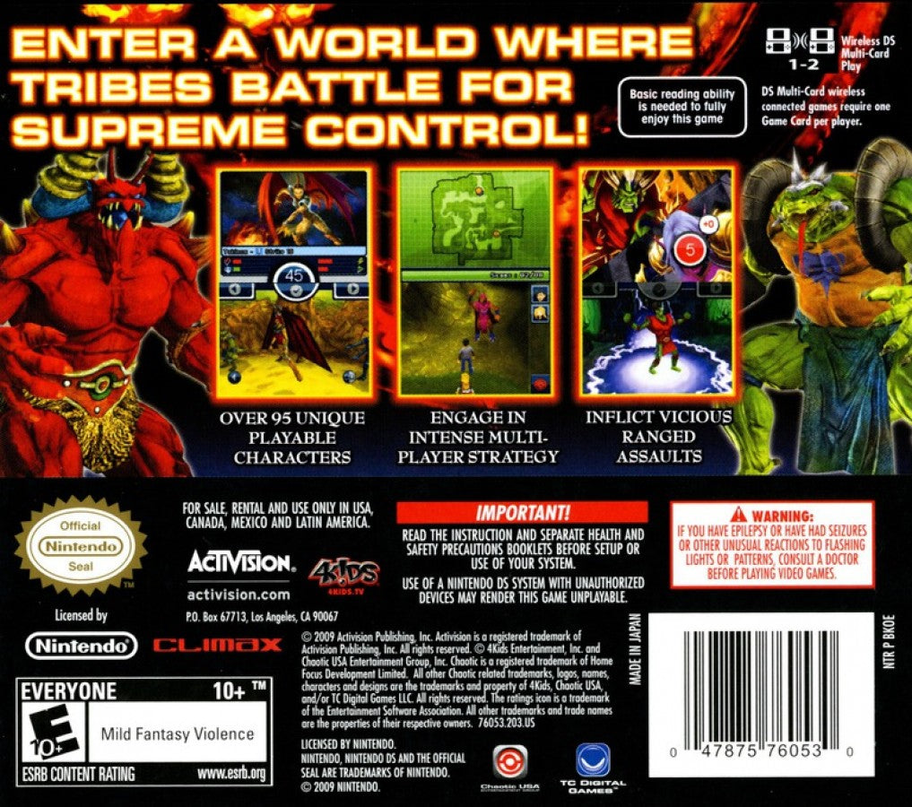 Chaotic Shadow Warriors Nintendo DS for action fighting video game fans featuring martial arts combat Chaotic creatures elemental powers story driven missions multiplayer battles motion controls fantasy adventure animated series characters collectible gaming appeal back cover art