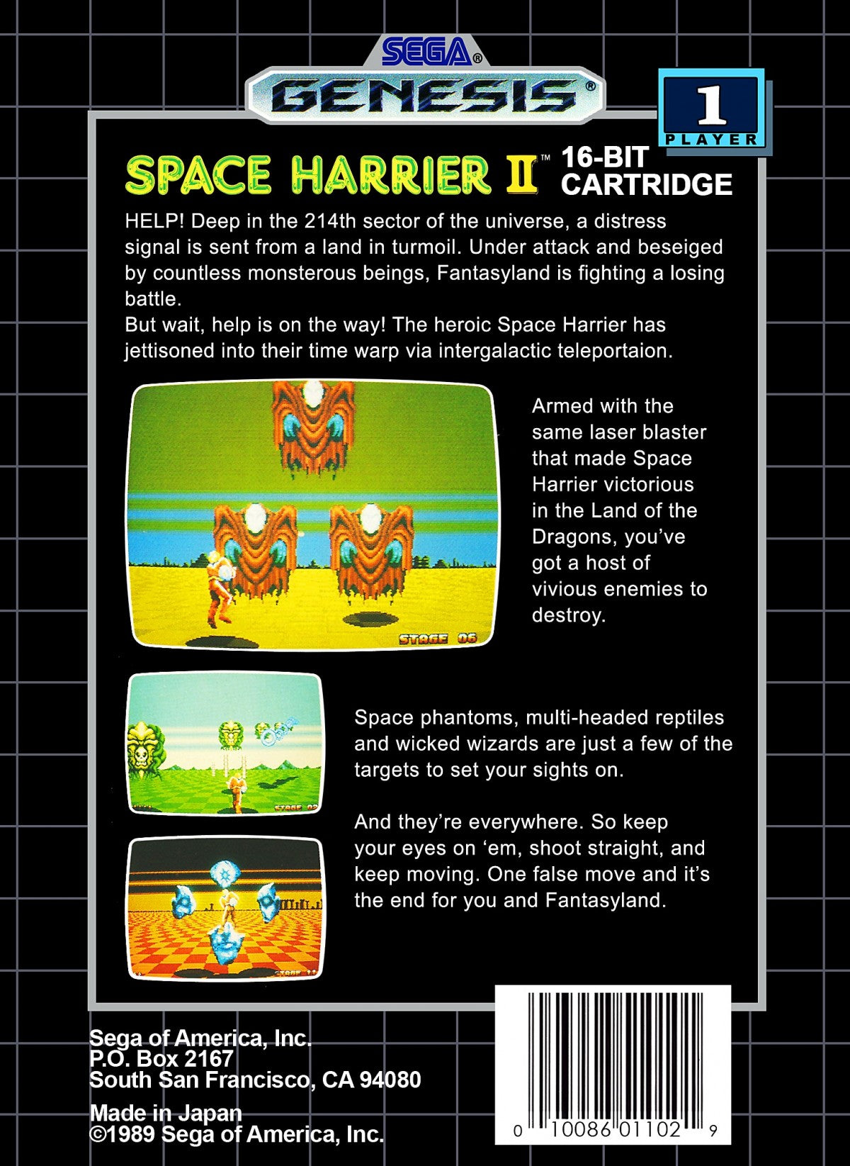 Space Harrier II Sega Genesis GEN for retro video game enthusiasts featuring classic arcade rail shooter gameplay fast paced sci fi action surreal fantasy worlds intense enemy battles iconic boss encounters and collectible gaming appeal back art